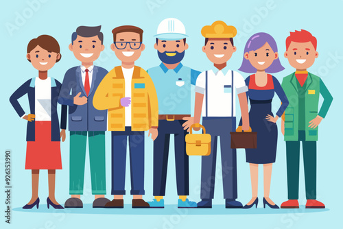 People of different professions. Builder, female police officer, cook, engineer, doctor and teacher
