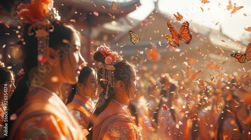 Woman in Traditional Chinese Dress with Butterflies and Petals Falling photo