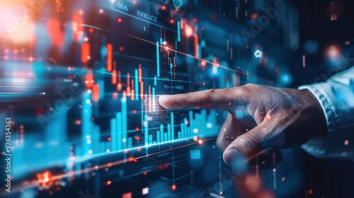 Hand Interacting with Digital Financial Data on Futuristic Interface