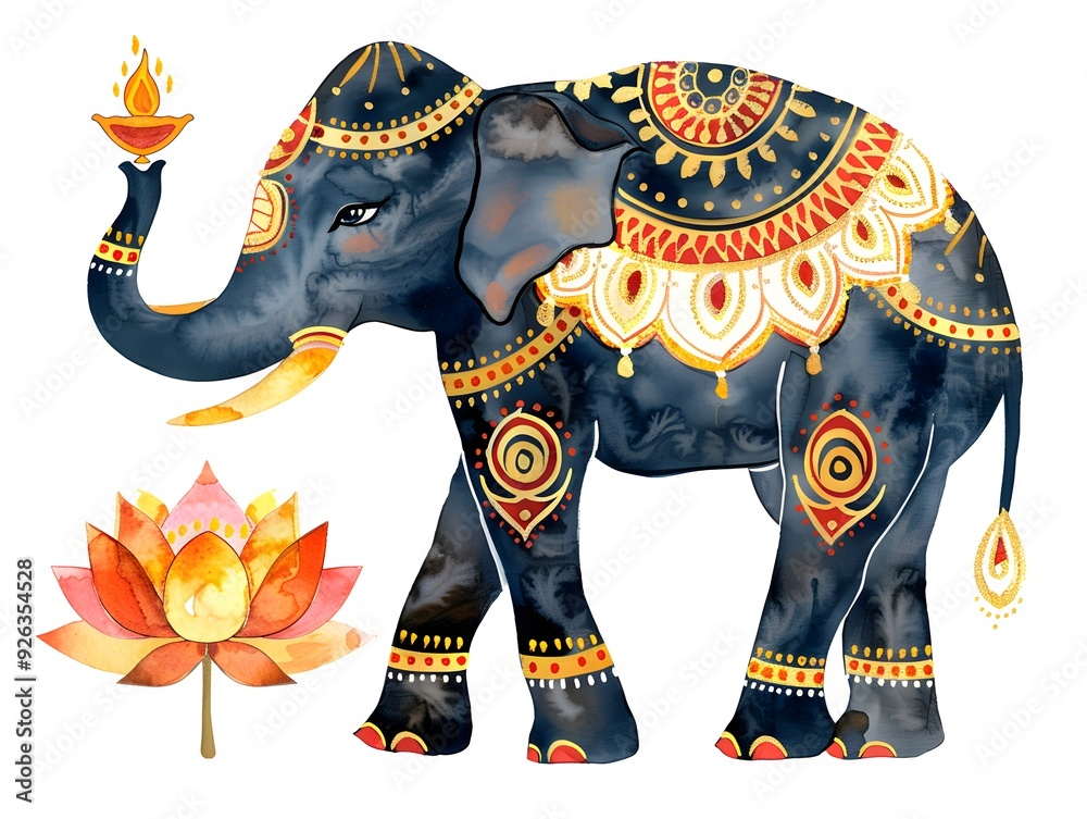 Obraz premium Ornate Watercolor Elephant with Lotus Flower and Lamp