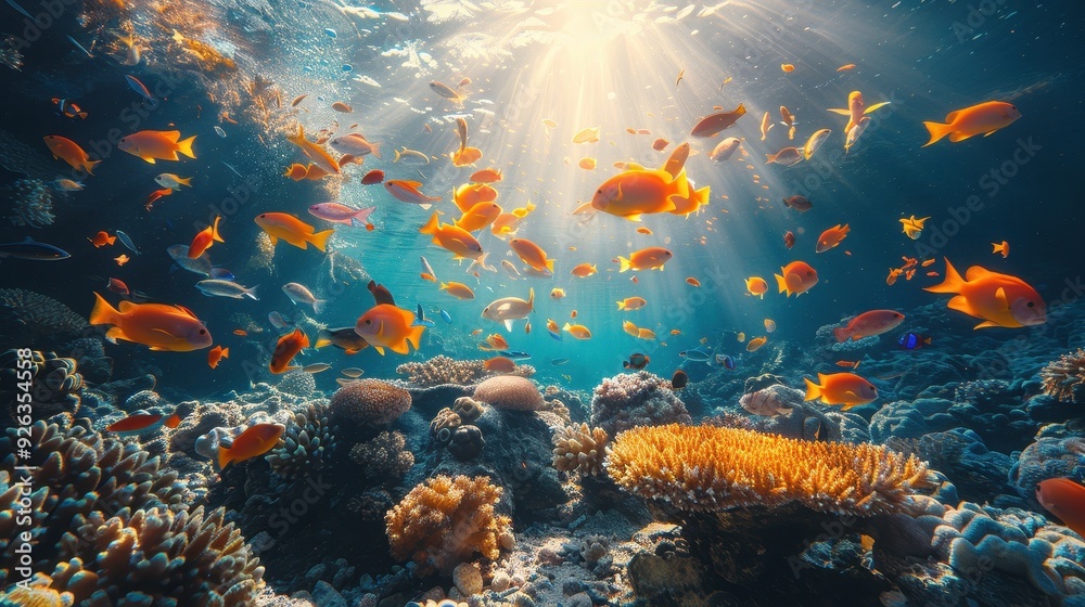 Obraz premium Sunbeams Illuminate a Vibrant Coral Reef with Fish Swimming Through