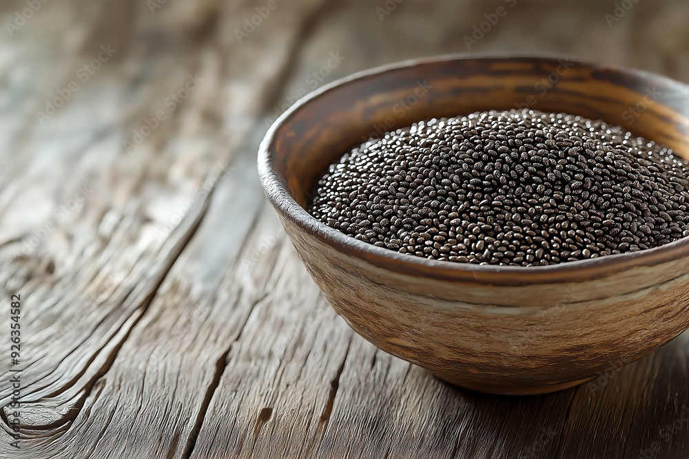 Chia Seeds in Wooden Bowl on Rustic Wooden Surface, Natural and Organic Superfood for Healthy Eating. Chia Seeds in Wooden Bowl on Rustic Wooden Surface, Natural and Organic Superfood for Healthy Eating.