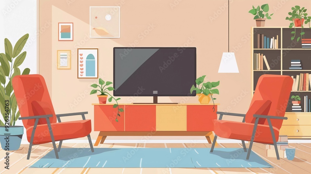 family room with led tv and furniture with minimalist design