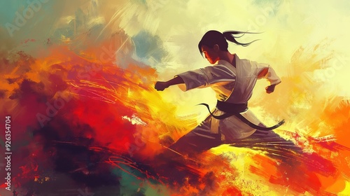 Dynamic Female Karate Artist in Action created by ai