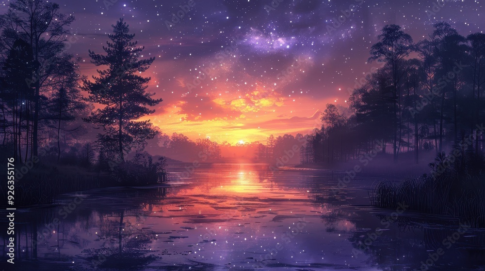 Silhouetted Trees Reflecting in a Tranquil Lake Under a Starry Sky Silhouetted Trees Reflecting in a Tranquil Lake Under a Starry Sky