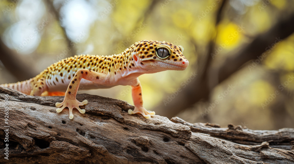 Obraz premium A leopard gecko, also known as Eublepharis macularius, is a type of lizard that has spots on its body. It lives on trees and logs. --ar 16:9 --v 6.1 Job ID: 2b9e90cb-a1fe-43c6-8188-d2d69a785b38