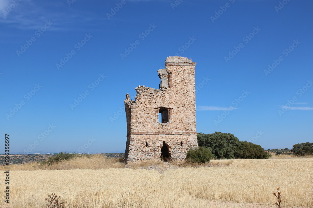 Ruinous 19th-century telegraph tower, made of stone and brick, in the town of Perales de Tajuña. Ruinous 19th-century telegraph tower, made of stone and brick, in the town of Perales de Tajuña.