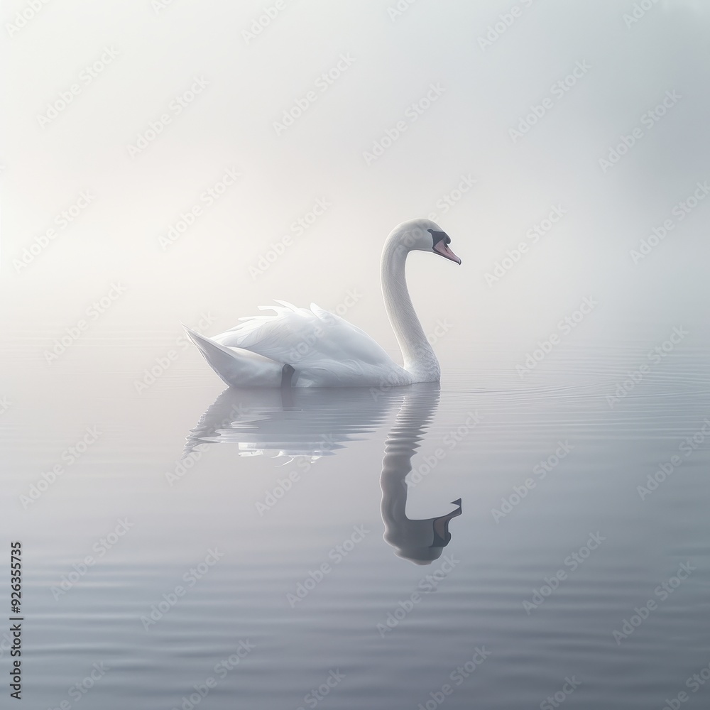 A lone swan swimming in a misty lake A lone swan swimming in a misty lake