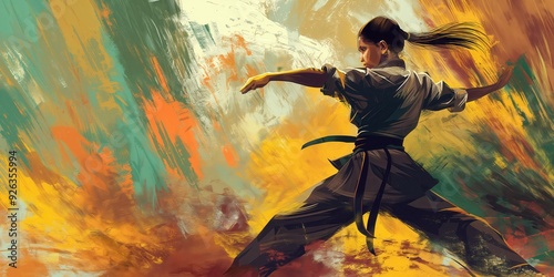 Dynamic Female Karate Artist in Action created by ai
