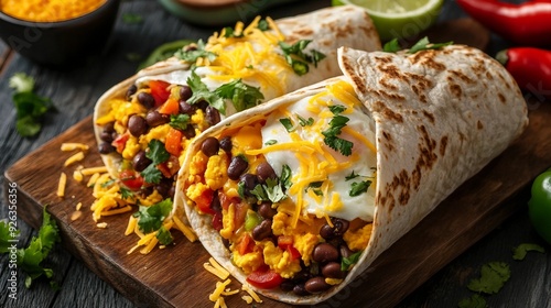 Nutritious High Protein Breakfast Burritos with Eggs, Bell Peppers, Sweet Potato, and Black Beans on Whole Wheat Tortillas, Top View on Wooden Table