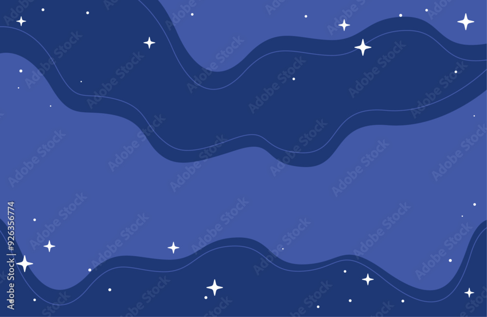 Abstract Celestial Blue Night Sky Vector Illustration with flowing Waves and Sparkling Stars, Wide Dreamy Background Abstract Celestial Blue Night Sky Vector Illustration with flowing Waves and Sparkling Stars, Wide Dreamy Background