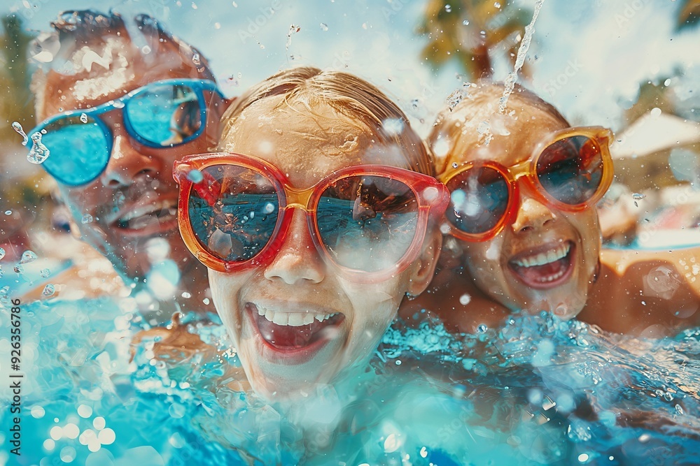 Fototapeta premium Family smiling in swimming pool water park wearing colorful sunglasses, splashing enjoying fun aquatic activities in summer sunshine
