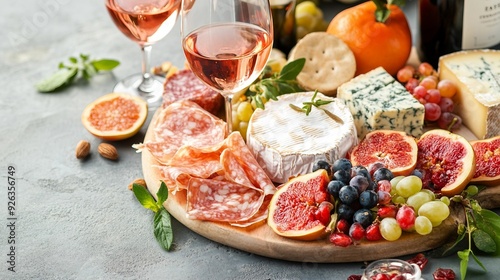 A Mouthwatering Spread of Mediterranean Cheese and Fruits with RosÃ© Wine on a Radiant Background