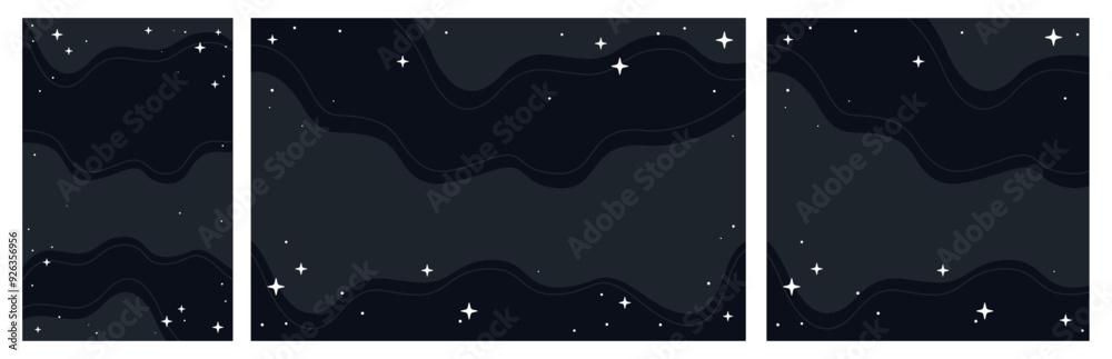 Abstract Black Night Sky With Flowing Wavy Shapes and Sparkling Stars, Set of Multiple Vector Design Templates for Social Media
