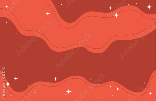 Abstract Red Holiday Background With Wavy Lines and Sparkling Stars, Wide Vector Design. Perfect for Christmas design projects requiring a calming, minimalist aesthetic