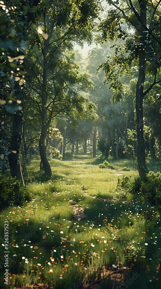 Fototapeta premium A magical forest with sunlight shining through the trees. Landscape wallpapers