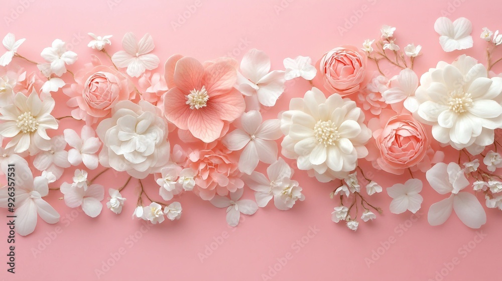 Hello Spring Greeting Card with Beautiful Flowers on Pastel Pink Background Hello Spring Greeting Card with Beautiful Flowers on Pastel Pink Background