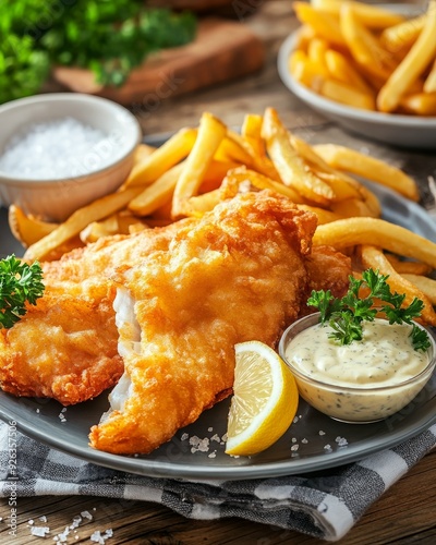 Fish and chips on a plate with lemon and tartar sauce.