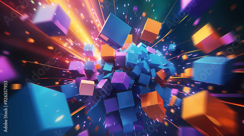 Illustration of numerous cubes in various colors on a purple background, glowing and exploding, with an orange, blue, and pink color palette