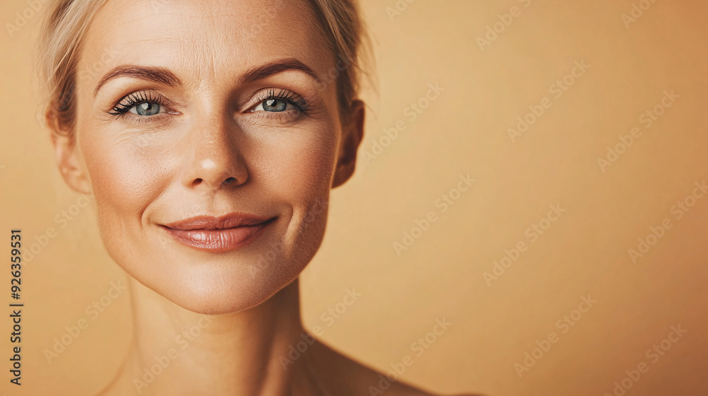 A beautiful portrait of a mature and positive woman on a beige background, exuding confidence and grace. Suitable for beauty, lifestyle, and wellness-related content. A beautiful portrait of a mature and positive woman on a beige background, exuding confidence and grace. Suitable for beauty, lifestyle, and wellness-related content.
