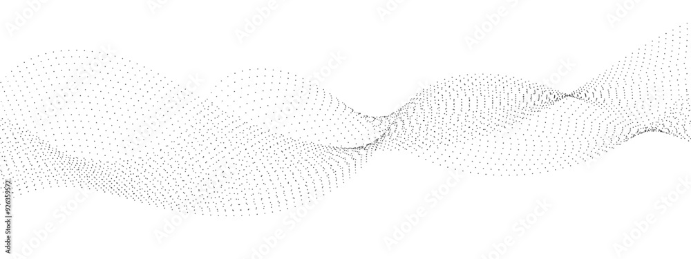 Flowing wave dot particles halftone pattern black gradient curve shape isolated on transparent background. Digital future technology concept, science, banner, business, music. Vector illustration. Flowing wave dot particles halftone pattern black gradient curve shape isolated on transparent background. Digital future technology concept, science, banner, business, music. Vector illustration.