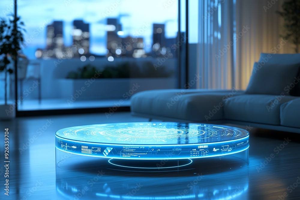 A futuristic coffee table with an illuminated blue design, enhancing the modern living room ambiance during twilight. A futuristic coffee table with an illuminated blue design, enhancing the modern living room ambiance during twilight.