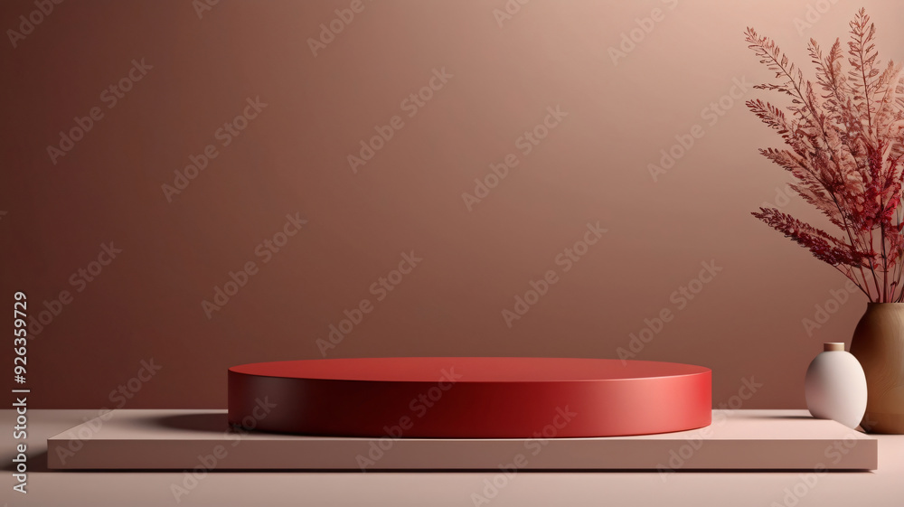 Red podium mockup on rich saturated background for presentation cosmetic products.copy space Red podium mockup on rich saturated background for presentation cosmetic products.copy space