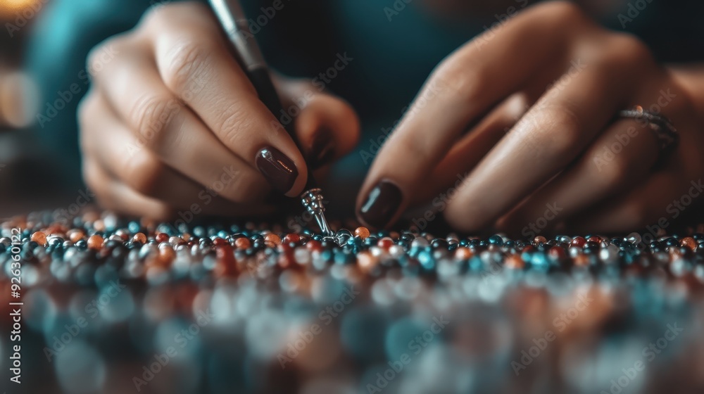 A detailed view of hands meticulously working on bead art, carefully arranging colorful beads to create intricate patterns, showcasing dedication and artistic expression. A detailed view of hands meticulously working on bead art, carefully arranging colorful beads to create intricate patterns, showcasing dedication and artistic expression.