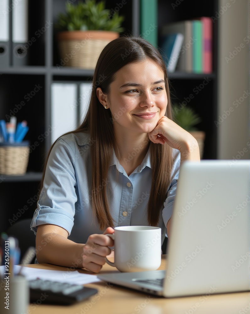 A young woman at her desk gazes thoughtfully into the distance, taking a break from work on her laptop, surrounded by books and office supplies. A young woman at her desk gazes thoughtfully into the distance, taking a break from work on her laptop, surrounded by books and office supplies.