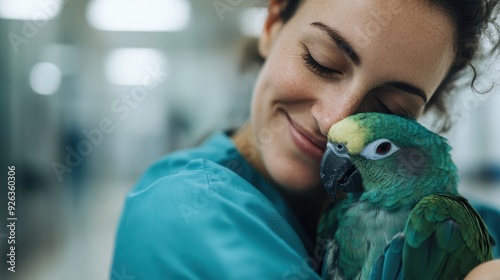 A person dressed in blue is seen holding a green parrot indoors, symbolizing the bond and trust between humans and animals, highlighting the veterinary care provided. photo