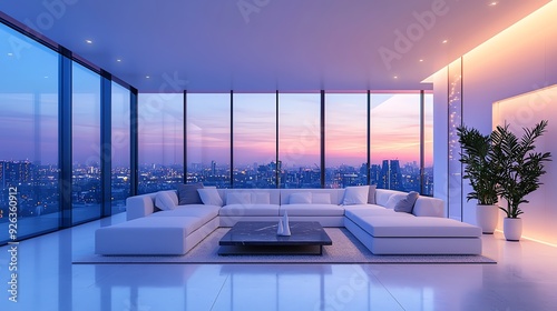 Modern living room with panoramic windows offering stunning sunset views. Stylish decor and a comfortable atmosphere await.