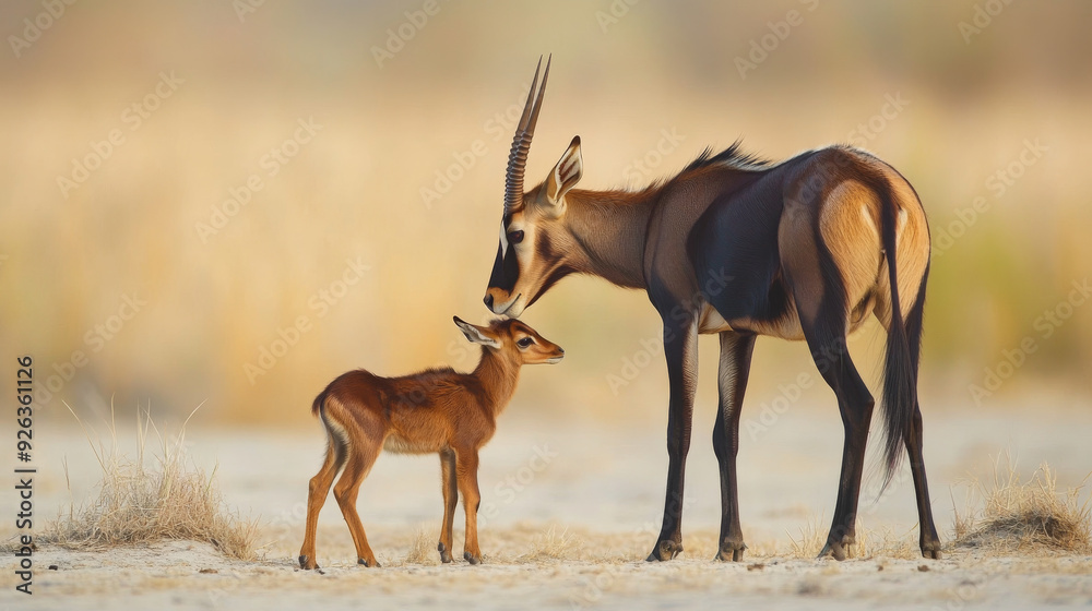 A mother sable antelope cares for her young calf. --ar 16:9 --v 6.1 Job ID: 159d637b-69c7-4fc6-bc3f-2074b8a2c1c9 A mother sable antelope cares for her young calf. --ar 16:9 --v 6.1 Job ID: 159d637b-69c7-4fc6-bc3f-2074b8a2c1c9