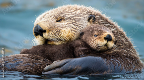 A mother sea otter cuddles with her baby in the Monterey Bay National Marine Sanctuary. --ar 16:9 --v 6.1 Job ID: 57043d26-1979-4171-9b8e-f2c9a6798808