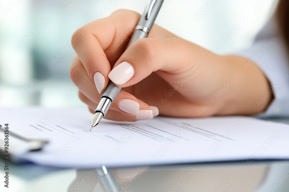 Close-up of a woman's hand with a pen signing a contract, in a soft-focus photography style. This image was the winner of a stock photo contest, with high resolution and detail on the document Close-up of a woman's hand with a pen signing a contract, in a soft-focus photography style. This image was the winner of a stock photo contest, with high resolution and detail on the document