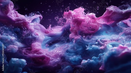 A mesmerizing scene of swirling pink and blue masses, enhanced by bubble effects, conveying a sense of dreamy fluidity and vibrant abstract art elements. photo