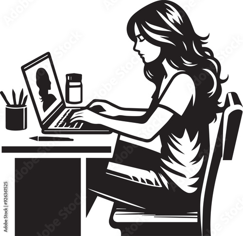 Woman is sitting at a desk with a laptop open in front of her Vector Illustration Silhouette