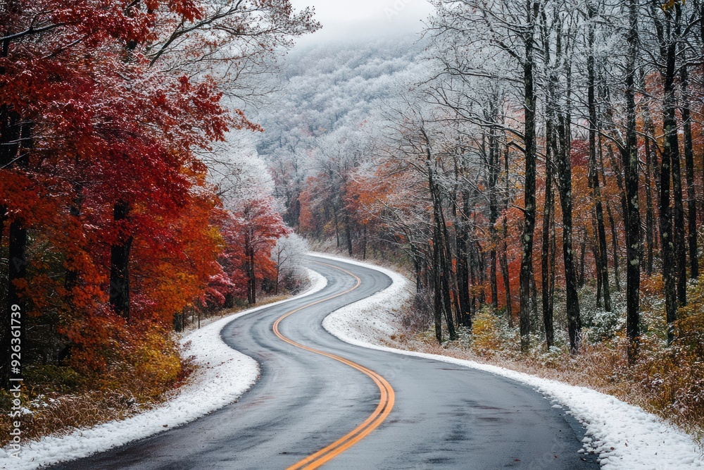 Fototapeta premium Winding Road Through a Snowy Forest with Autumn Colors