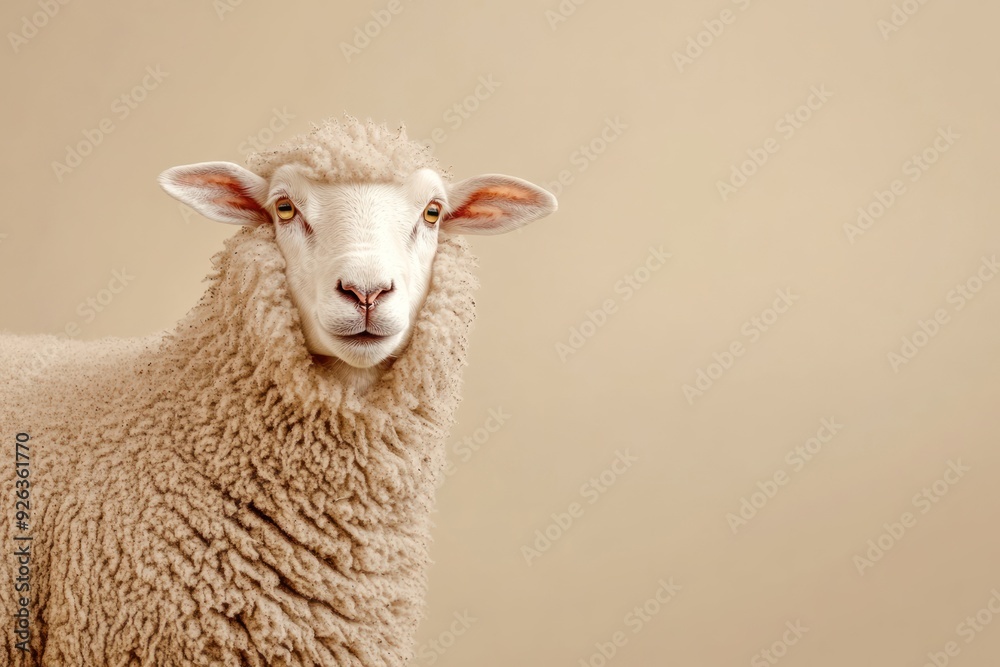 Fototapeta premium Close-up Portrait of a Fluffy White Sheep with Brown Eyes