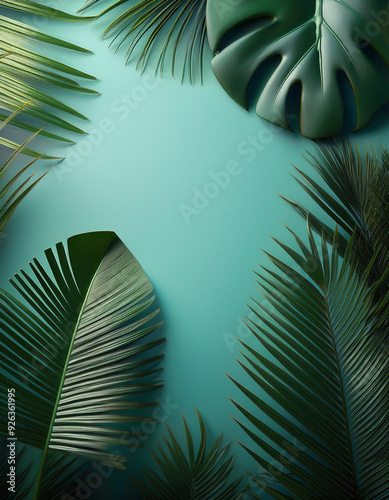 Tropical leaves on studio green background, monochromatic, copy space in the middle 