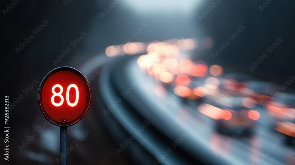 An 80 km/h speed limit sign is seen along a busy highway with blurred ...