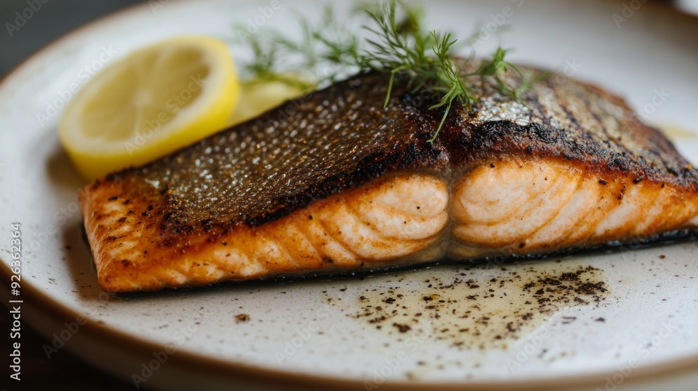 A close-up of a perfectly grilled salmon fillet with crispy skin and a succulent interior, garnished with lemon and herbs on a clean plate. A close-up of a perfectly grilled salmon fillet with crispy skin and a succulent interior, garnished with lemon and herbs on a clean plate.