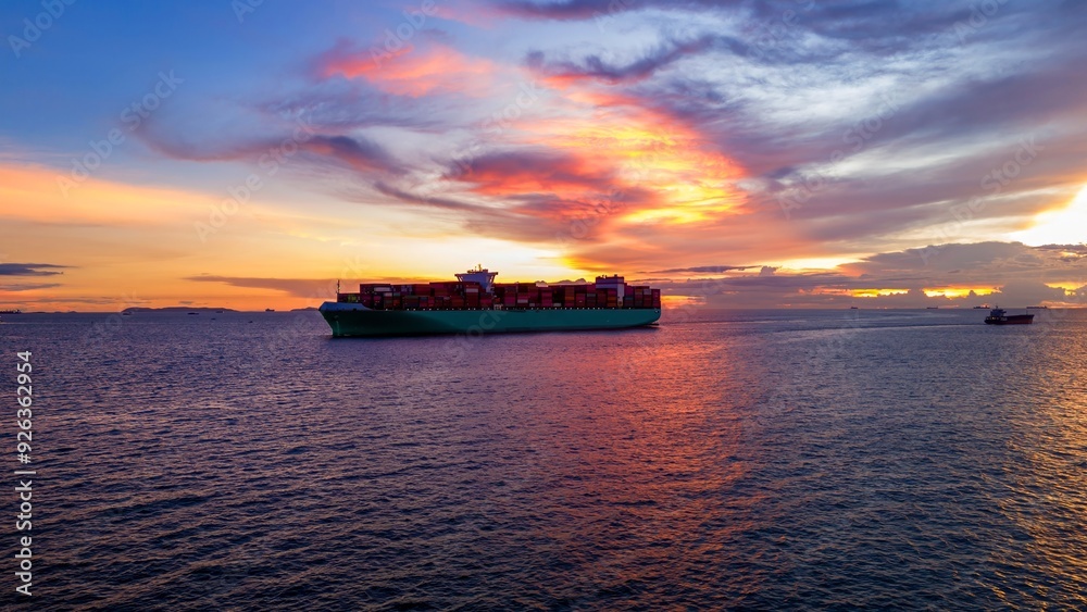 Cargo Container Ship at sunset in the ocean ship carrying container and running for export concept technology freight shipping by ship Cargo Container Ship at sunset in the ocean ship carrying container and running for export concept technology freight shipping by ship