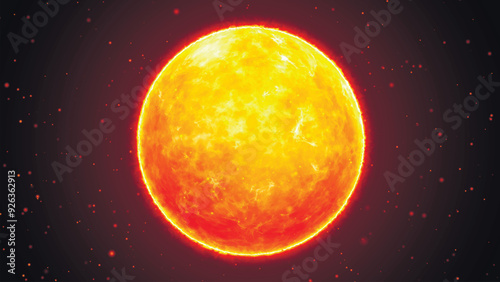 Large plan of a star in space with turbulence, surface fire, heat and the dynamics of a burning atmosphere. Fireball. Planet. Star. Sun. Vector illustration