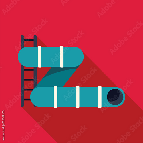 Blue water park slide leading to pool flat design icon with long shadow