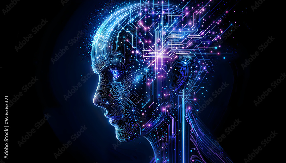 Fototapeta premium Futuristic Digital Human Head in Blue and Purple