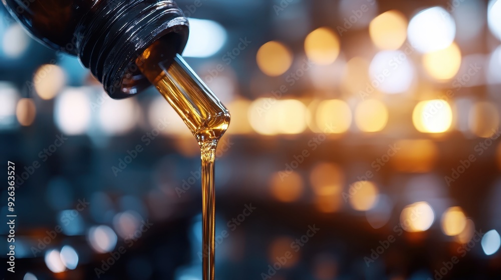 A stream of golden liquid pours gracefully from a bottle, captured with dynamic lighting in the background, emphasizing the fluidity and rich amber tones of the substance. A stream of golden liquid pours gracefully from a bottle, captured with dynamic lighting in the background, emphasizing the fluidity and rich amber tones of the substance.