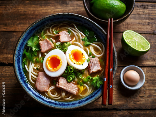 Mouth-watering tô mỳ noodle soup, steaming hot with pork, egg, and scallions in vibrant colors photo