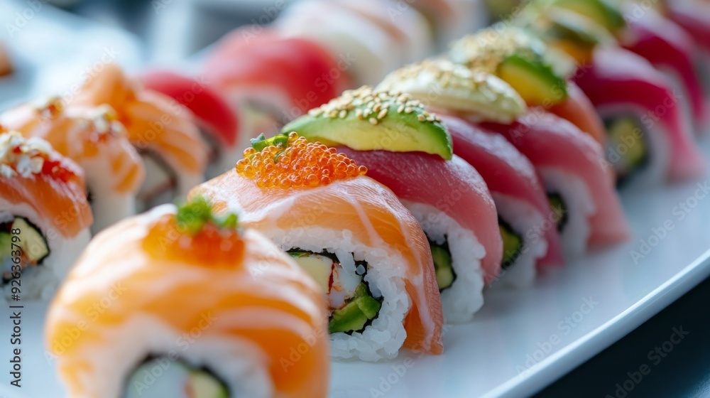 A close-up of a plate of sushi rolls with various seafood toppings, including salmon, tuna, and avocado, presented on a sleek, white platter. A close-up of a plate of sushi rolls with various seafood toppings, including salmon, tuna, and avocado, presented on a sleek, white platter.