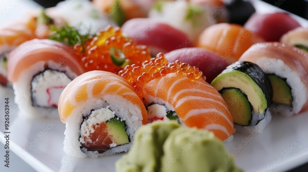 A close-up of a plate of sushi rolls with various seafood toppings, including salmon, tuna, and avocado, presented on a sleek, white platter. A close-up of a plate of sushi rolls with various seafood toppings, including salmon, tuna, and avocado, presented on a sleek, white platter.