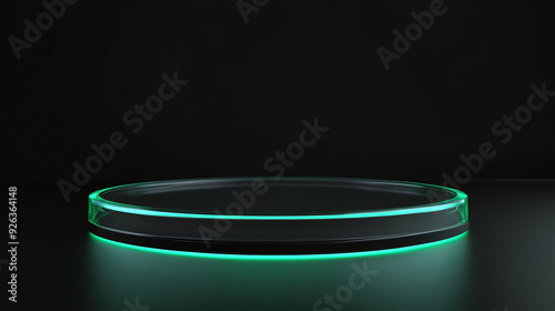 Black Background with a Glowing Glass Circle Podium, Creating a Futuristic Showcase Scene with Green Light for Product Display